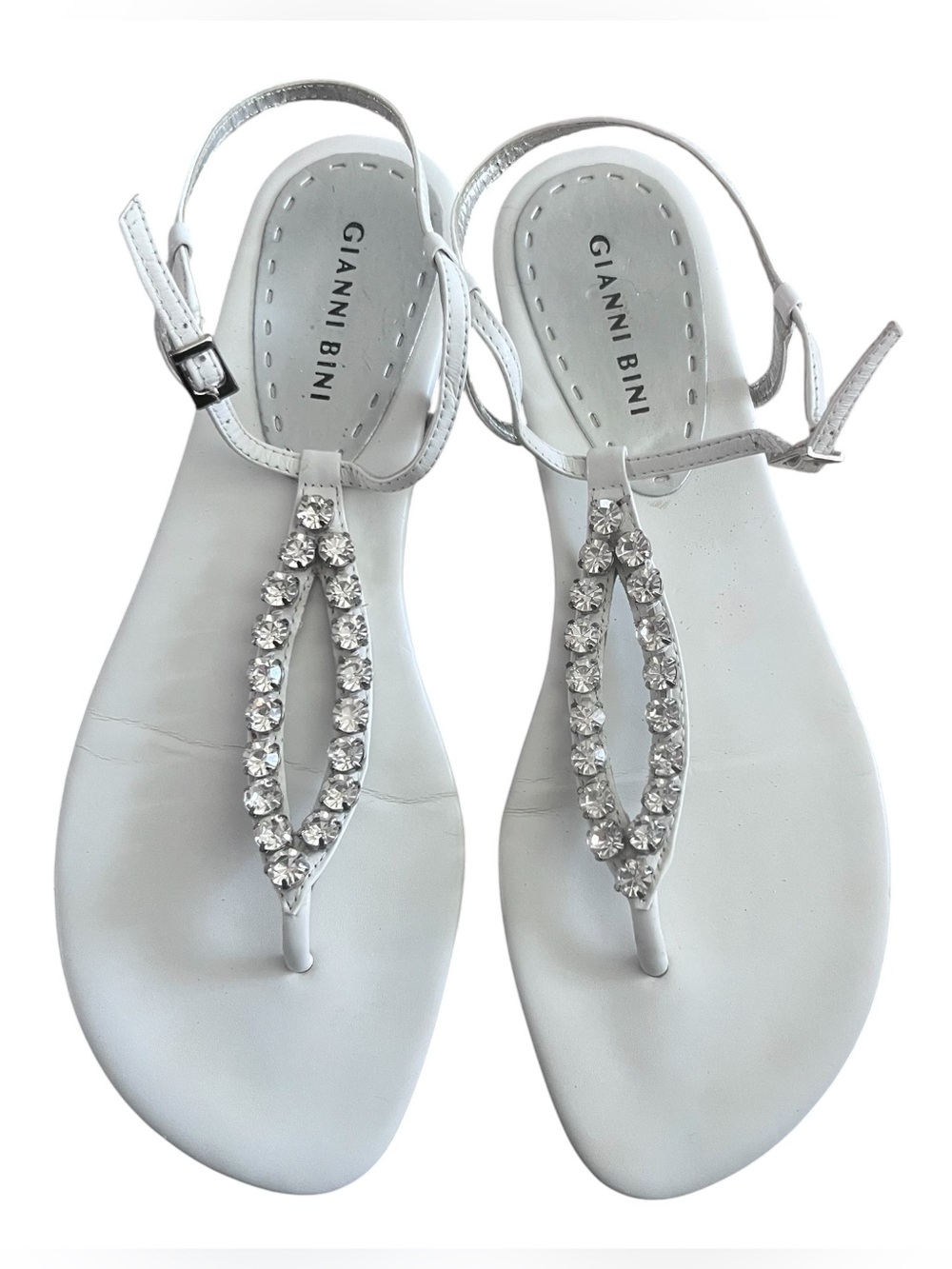 Gianni Bini White “Glitter” Rhinestone T-Strap Flat Sandals | Ankle Strap|9.5
